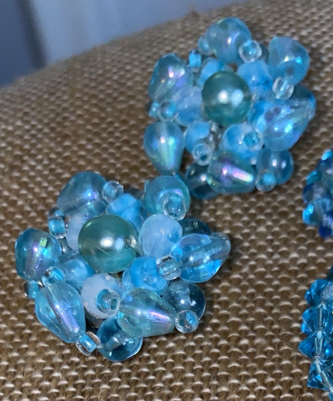 Signed On Earrings, Germany, Iridescent Clip On Earrings, Blue Crystal Necklace