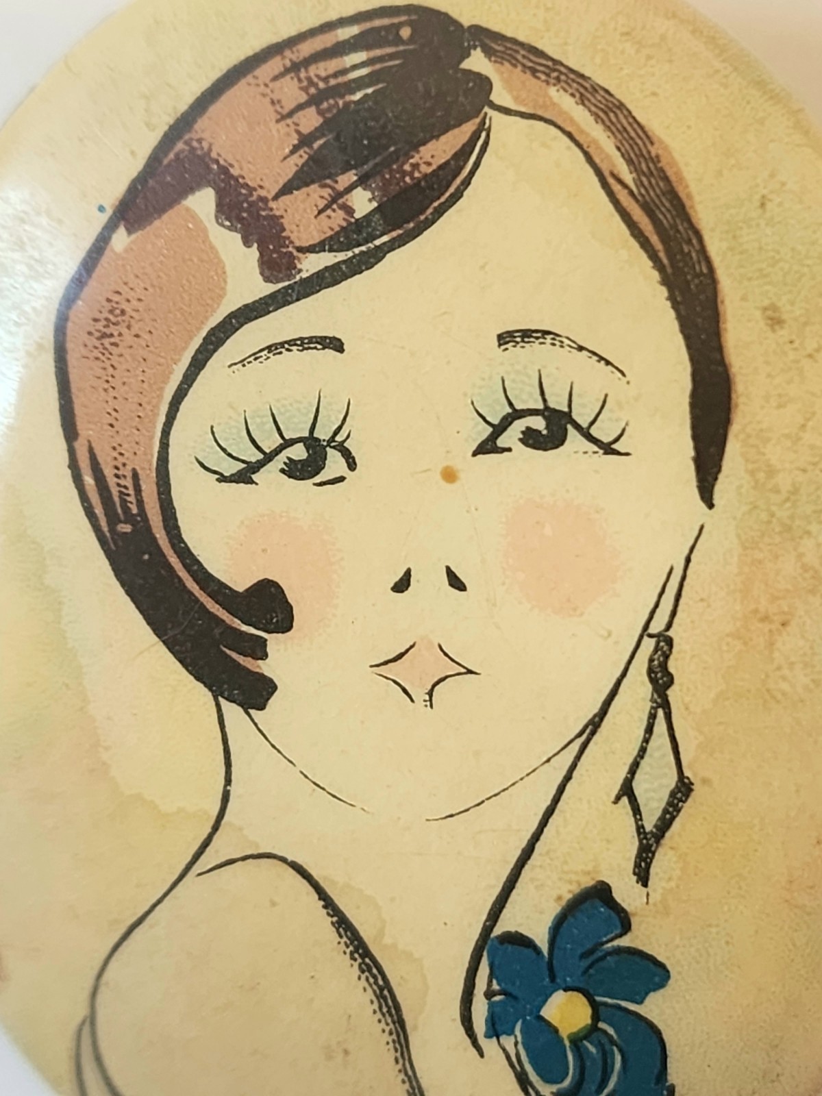 Vintage Art Deco Celluloid Brown Haired Flapper 1920s Portrait Brooch C Clasp