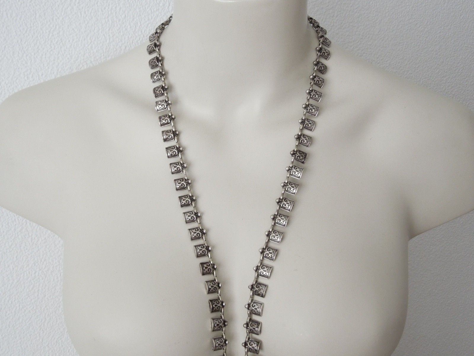 Vintage Ethno Chain Necklace Long silver-colored Boho 70er 3.3oz/ca.30 11/16in