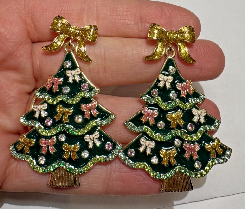 NWT Sugarfix Huge Christmas Tree Enamel Bow Rhinestones Dangle Stud Earrings