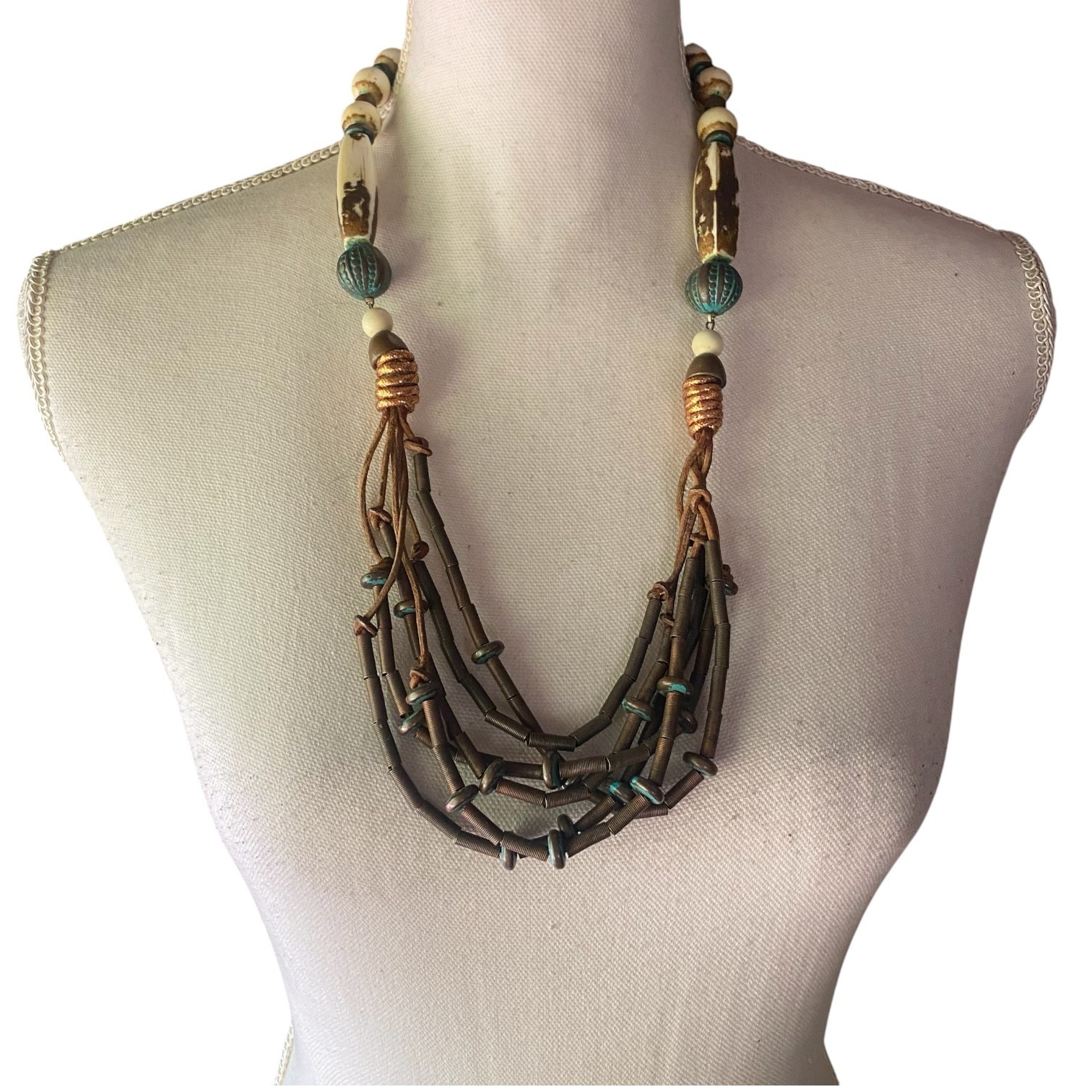 VTG Boho Chunky Mixed Media Statement Necklace Ethnic Earthtones 25″ western