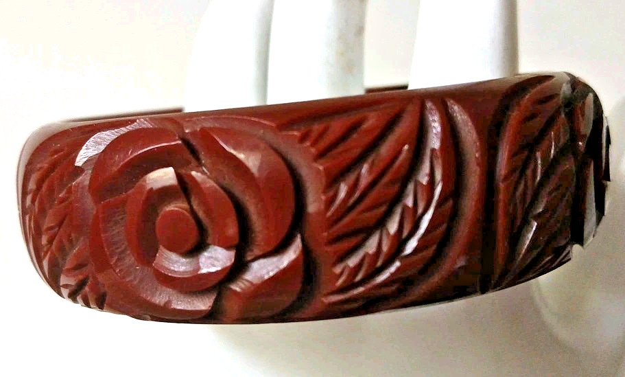 Vtg 1940’s Bakelite Bangle Bracelet Deeply Carved Brown Flower Leaves Tested