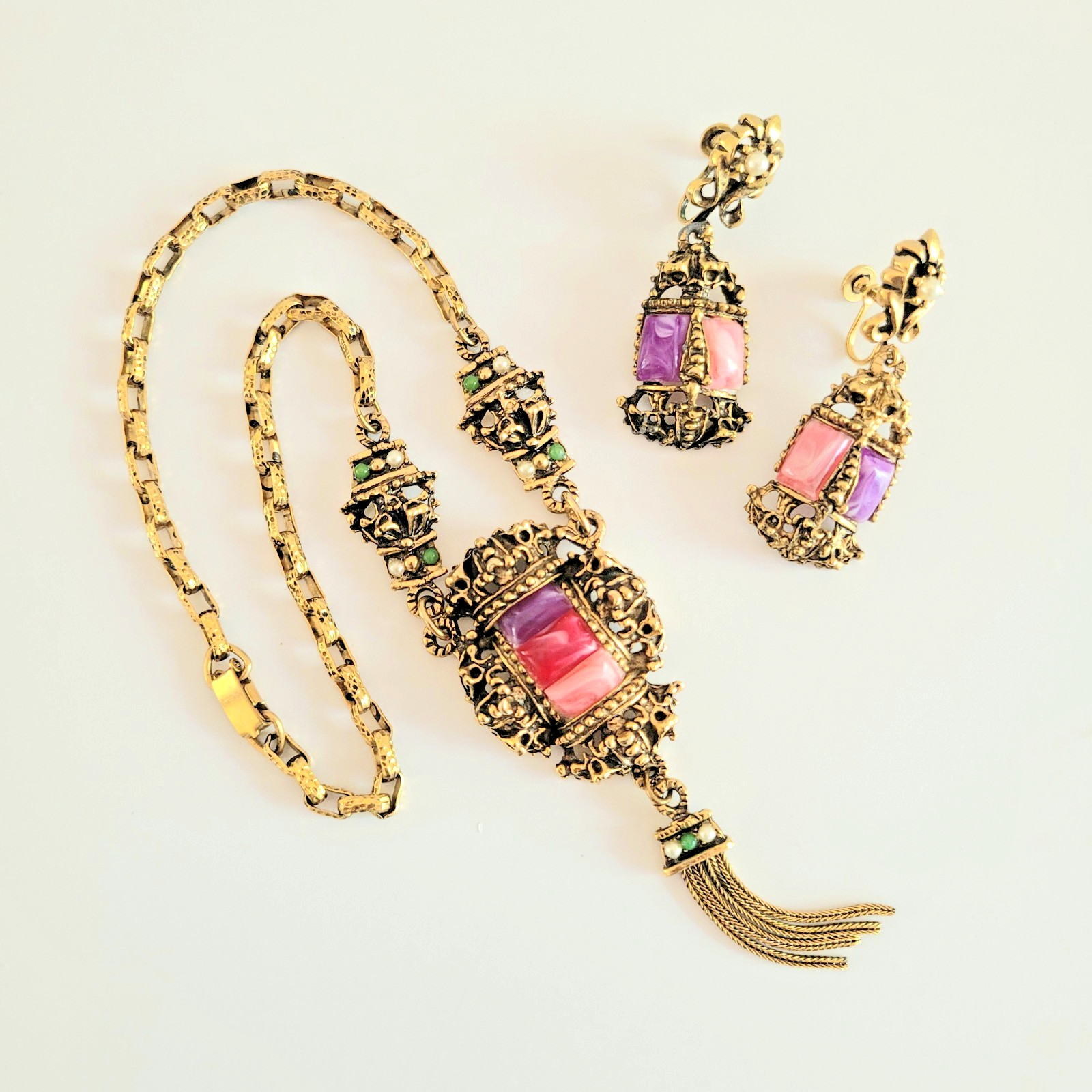 Vtg Selini Pink Purple Confetti Lucite Necklace Earring Set *Unsigned* Victorian