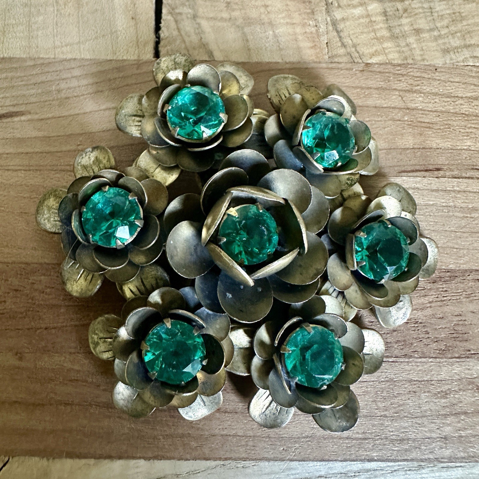 Vintage Flowers Brooch 2.4 Inch Green Crystal Multi Layered Antique Gold MCM