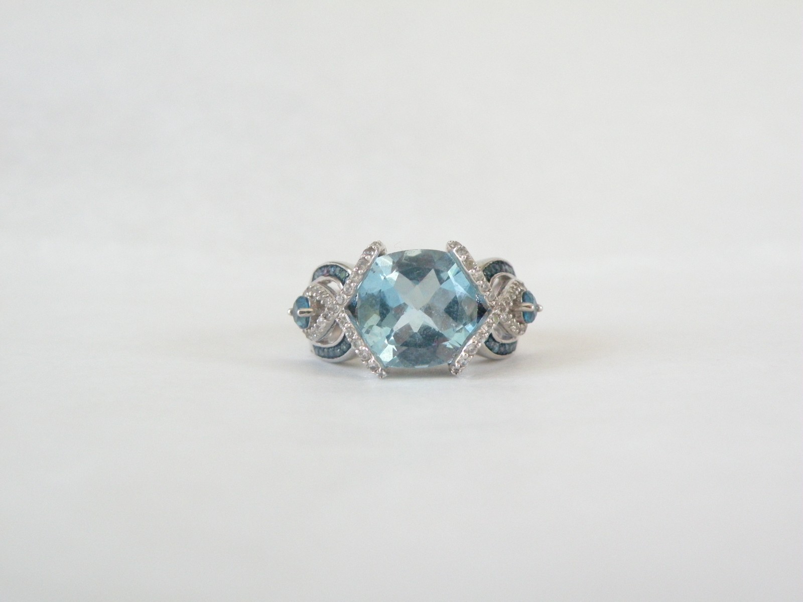 Vintage Style Sterling Silver 925 Natural Heated Blue Topaz Diamond Ring Size 6