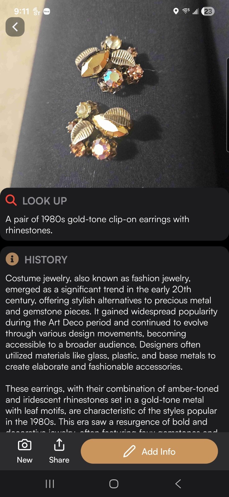 VINTAGE, 1980’S GOLD-TONE CLIP ON EARRINGS WITH RHINESTONES & LEAVES; AUSTRIA