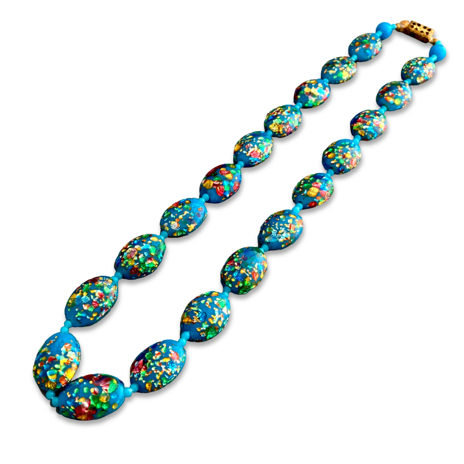 Vintage 1930s Art Deco Czech Blue Art Glass Foil Splatter Bead Choker Necklace