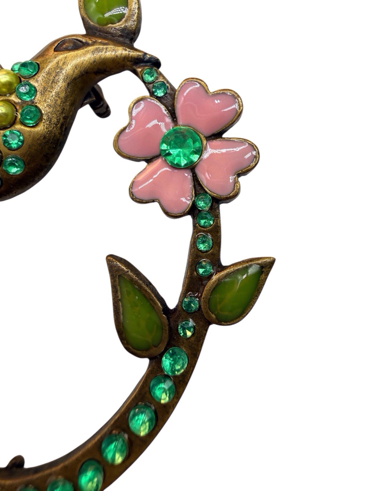 Vintage Green Rhinestone and Faux Pearl Hummingbird Pink Enamel Flower Brooch A9