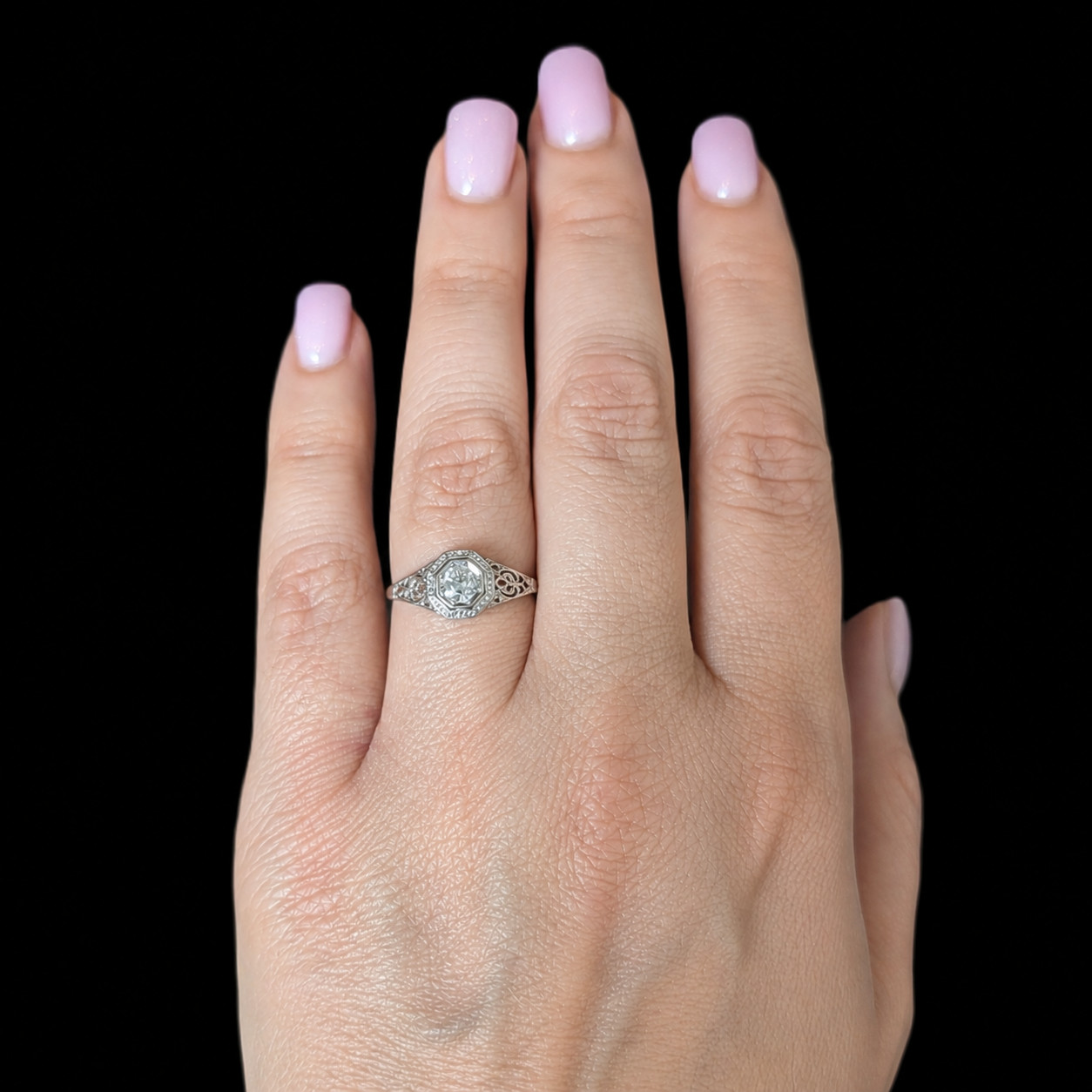 Art Deco Old European Cut Diamond 14k White Gold Platinum Engagement Ring 1920s