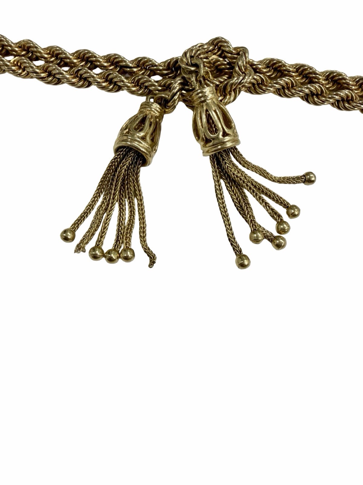 Heavy 14k Yellow Gold Knotted Rope Dangling Tassel Bracelet Vintage Estate