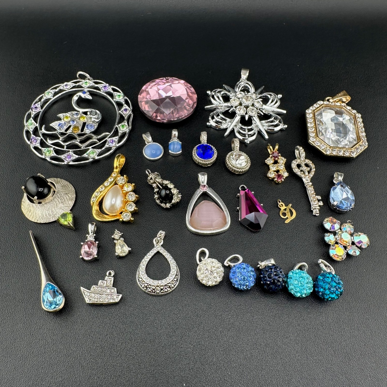 Vintage to Now Crystal Rhinestone Pendant Charm Lot of 28 Silver Gold Tone Mix