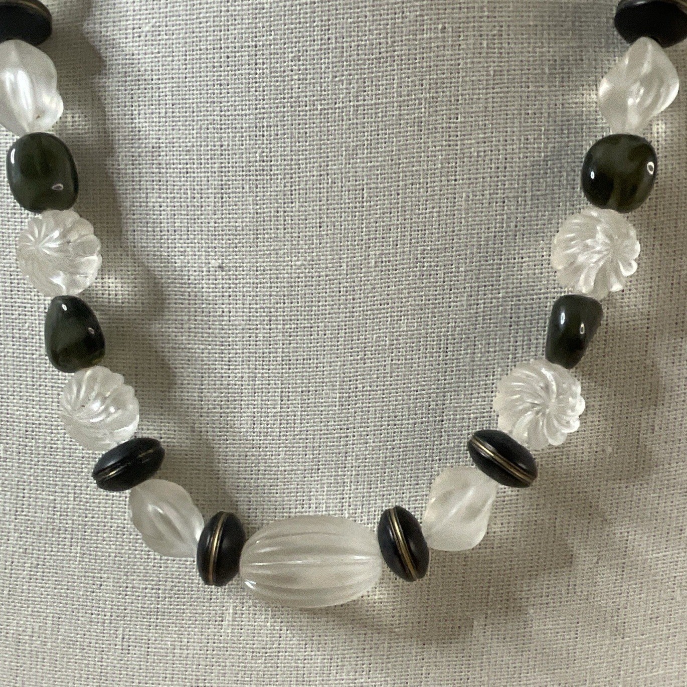 Vintage Frosted Lucite Bead Necklace Black Wood & Glass Chunky Retro 1980s 25″
