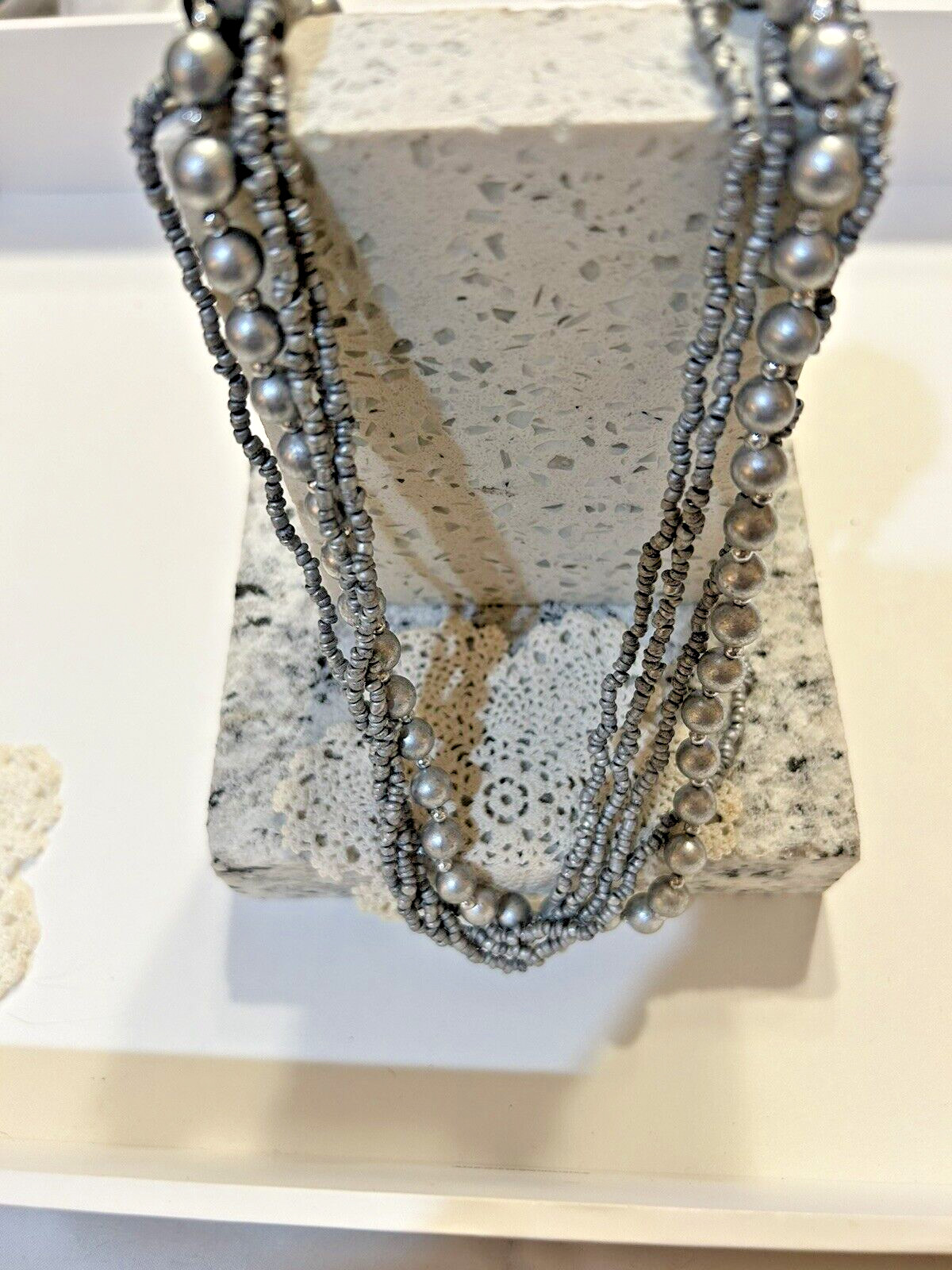 Vintage Multi Strand Silver Gray Pearl and Seed Bead Necklace N5