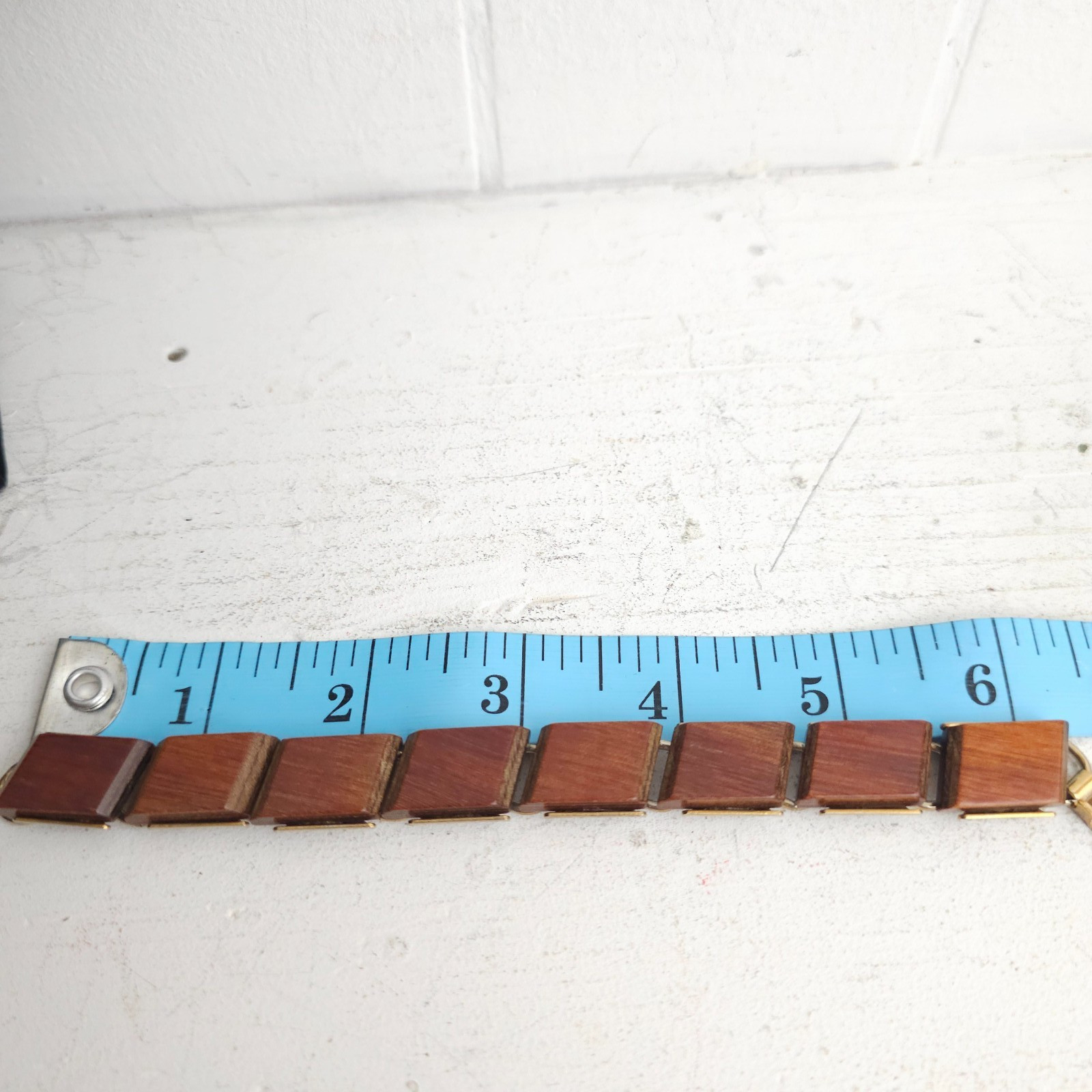 Vtg Modernist MCM Wood Tile Link Bracelet Boho 1960s 70s Earthy Natural Minimal