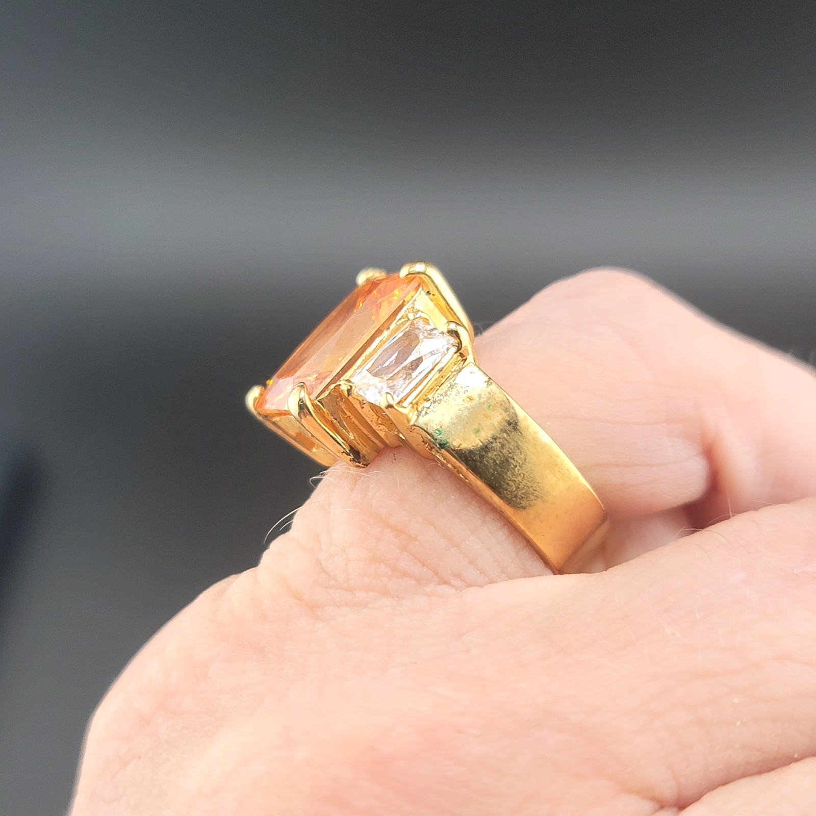 Vtg Sz 7 Ring Lg Citrine Clear Cubic Zirconia 18KGE Fashion Jewelry Glam Classy