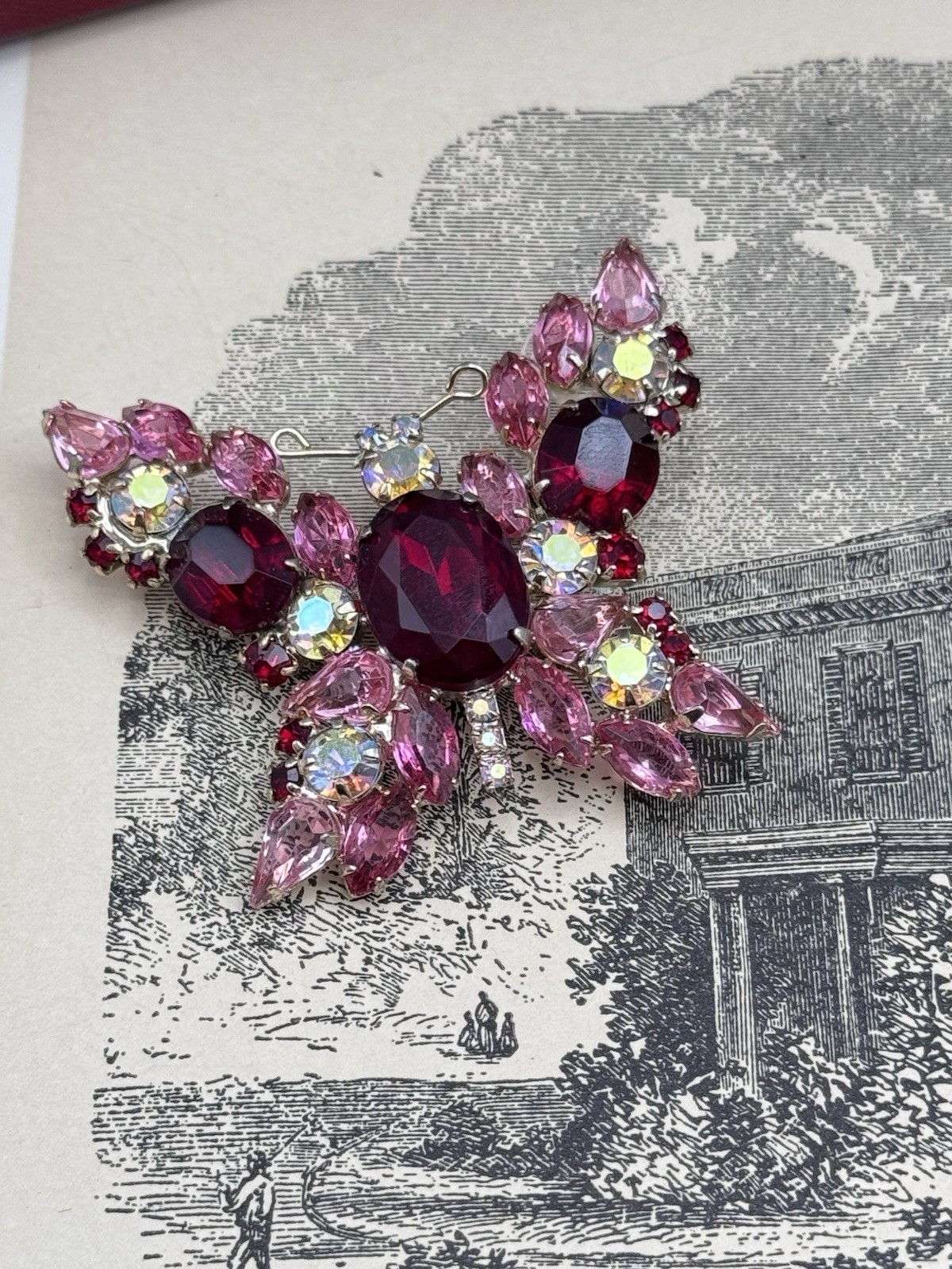 Vintage Butterfly Brooch Pink Red Rhinestone AB Crystal Goldtone Figural 2”