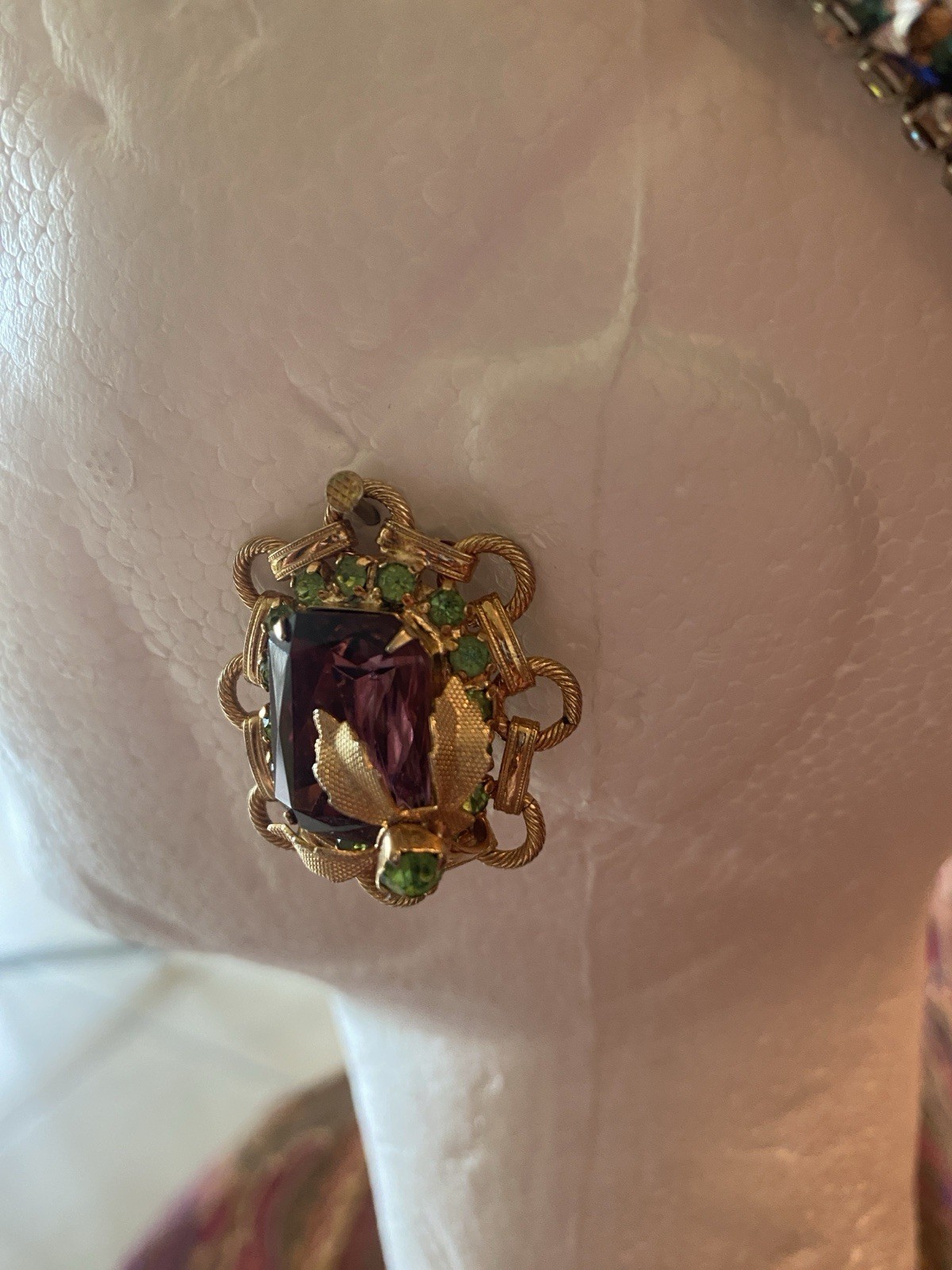 Vintage Gold Tone Necklace And Clip Earrings Purple & Lime Green Stones