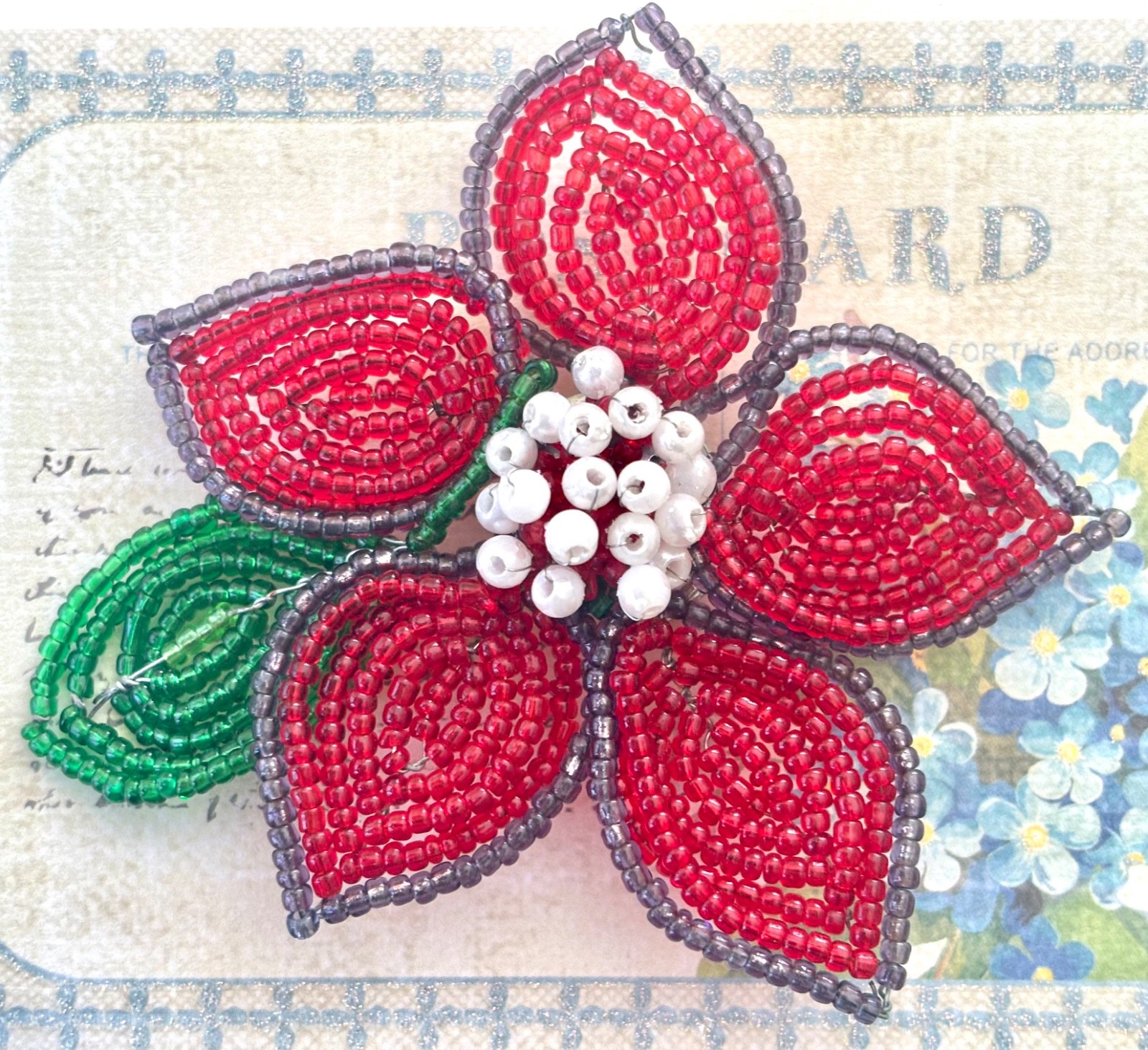 Sweet Hand Beaded Vintage Flower Brooch PIN with Green Leaf Details
