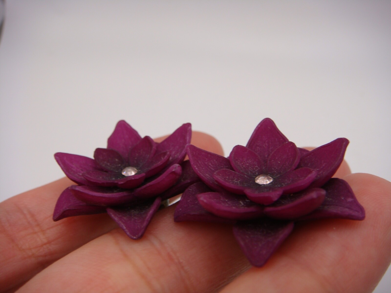VINTAGE GES GESCH PURPLE CELLULOID THREE TIER FLOWER EARRINGS ESTATE WEST GERMAN