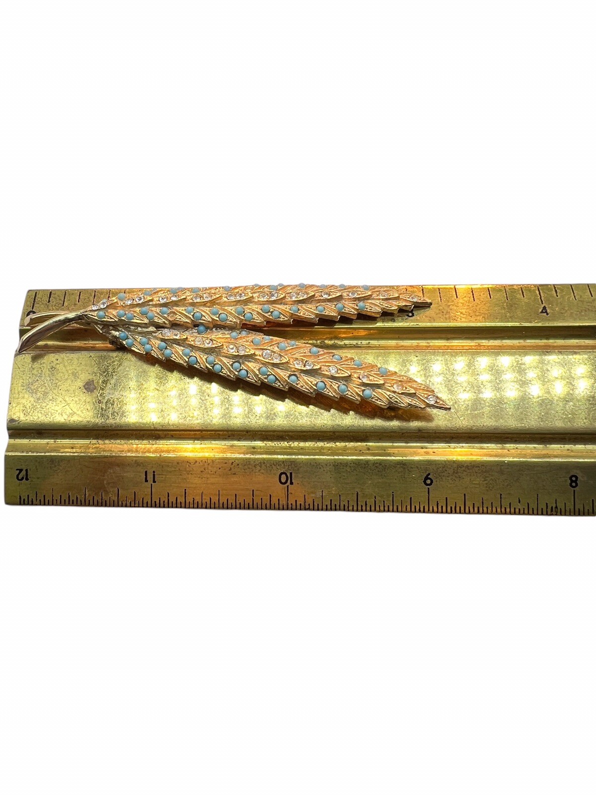 Rhinestone Brooch Faux Turquoise Leaves Feathers Gold Tone Textured READ A3