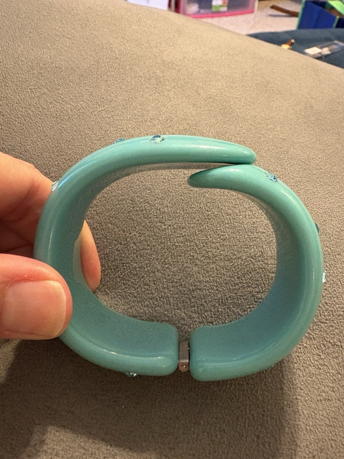 Vintage Light Teal And Rhinestone Lucite Clamper Bangle Cuff Bracelet
