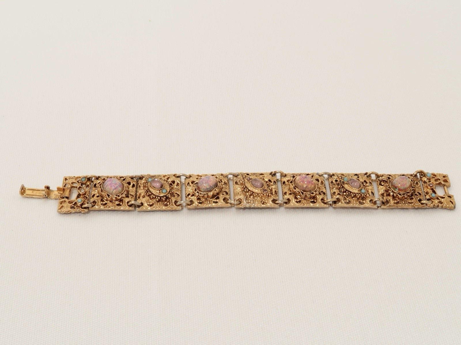 Faux Opal Cabochon Textured Panel Pink Hue Vintage Bracelet Jewelry Br29