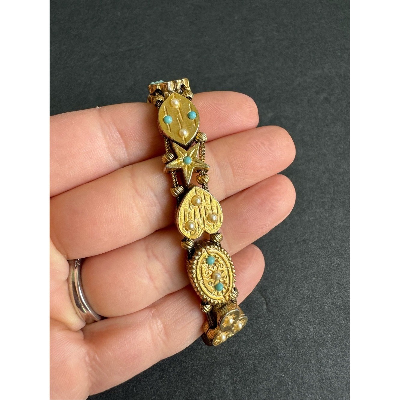 Vintage Victorian Revival Slide Charm Bracelet 60s Sweetheart Lucky Gold Tone