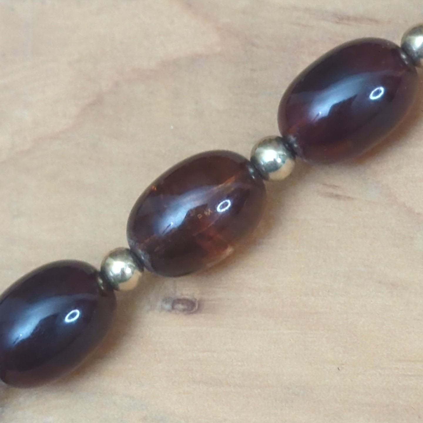 Vintage Avon Cognac Faux Amber Lucite Beaded Necklace Gold Tone Accents