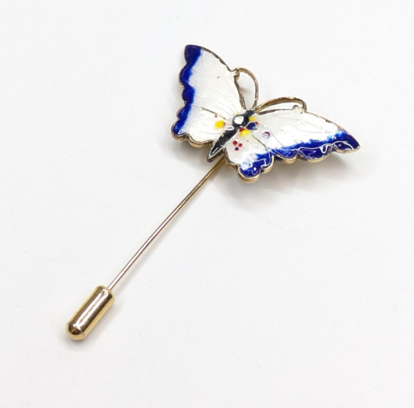 Vintage Blue & White Enamel Open Wing Butterfly Gold Tone Stick Pin 2.5″
