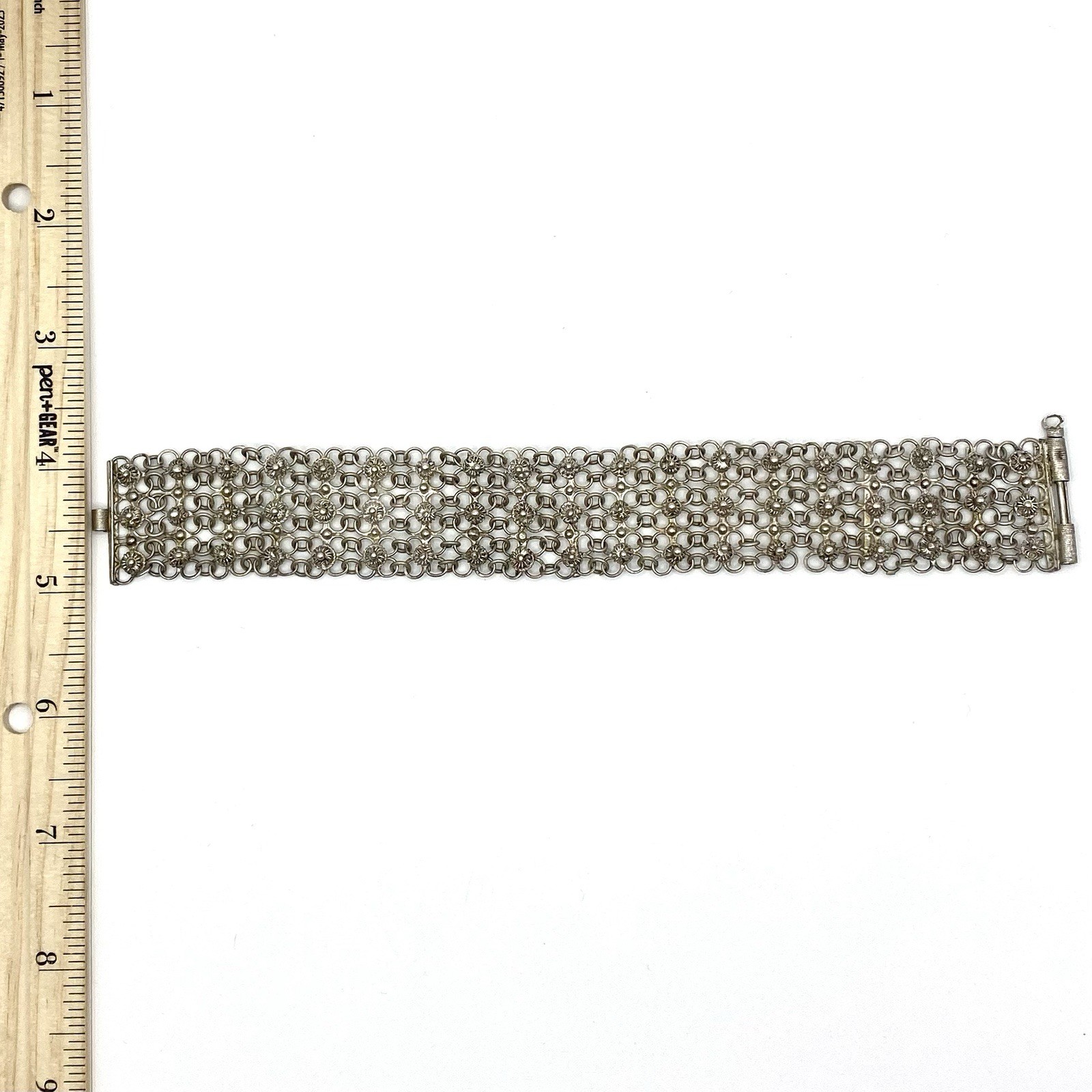 Vintage Sterling Silver Cannetille Filigree Link Bracelet Mesh Etruscan Revival
