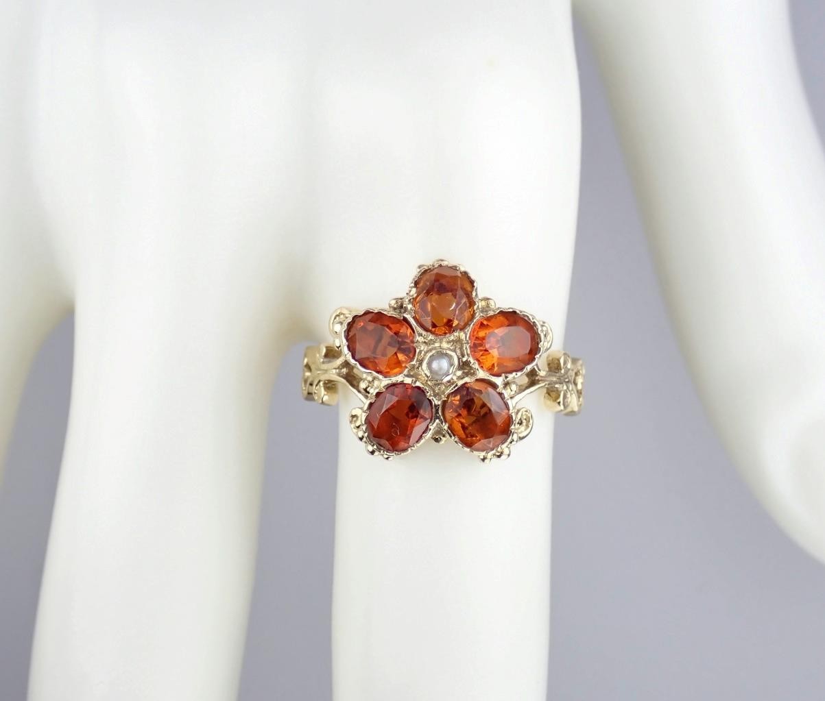 Pretty Vintage Solid 9K Gold Madeira Citrine Pearl Floral Scroll Ring 1971 7.25
