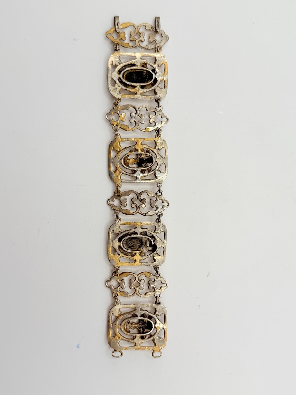 Antique 800 Silver Gilt Filigree Panel Bracelet 44g Ornate 7.5” Gold Washed