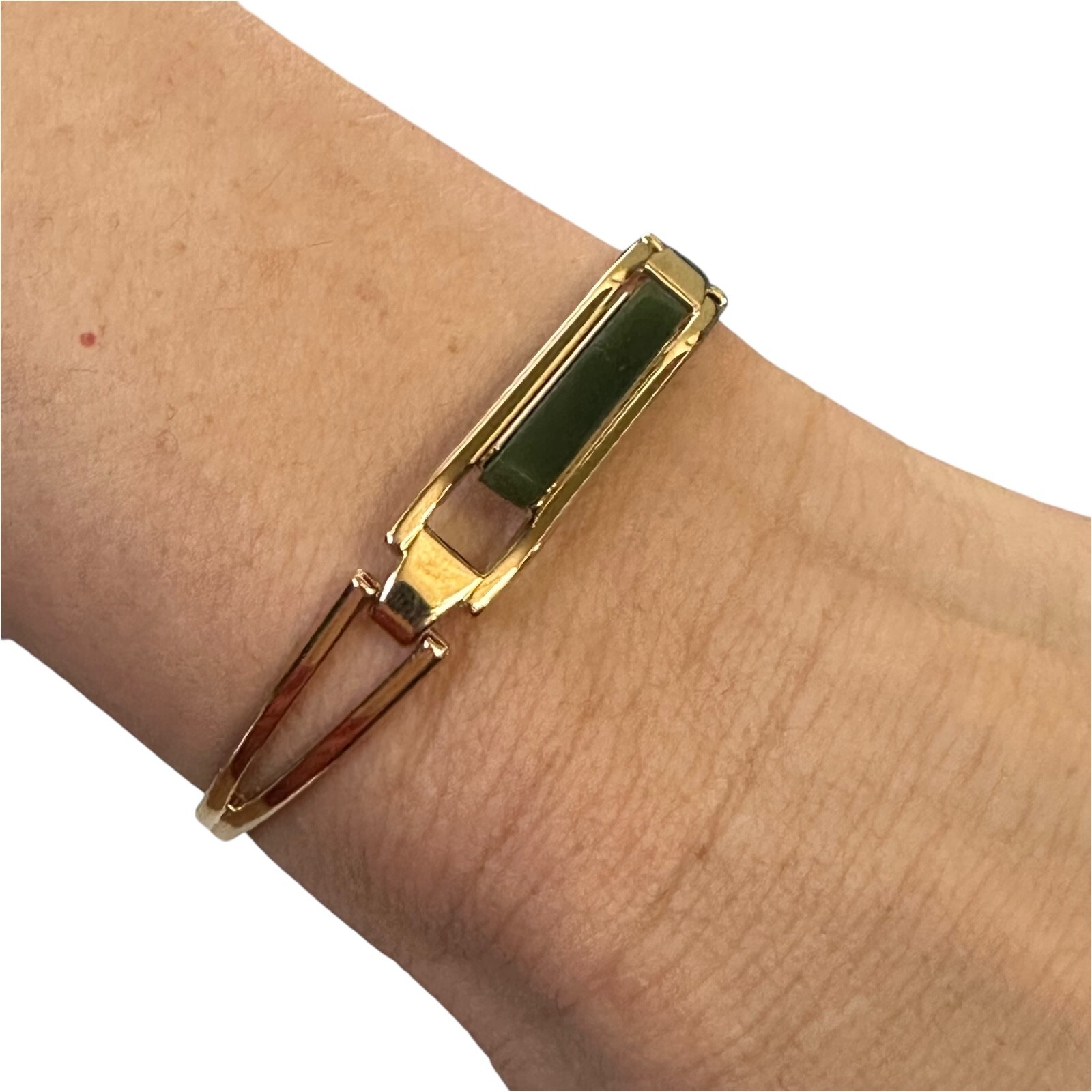 Vintage 1978 Avon Treasured Genuine Jade Bar Hinged Bangle Bracelet 6¼” Goldtone