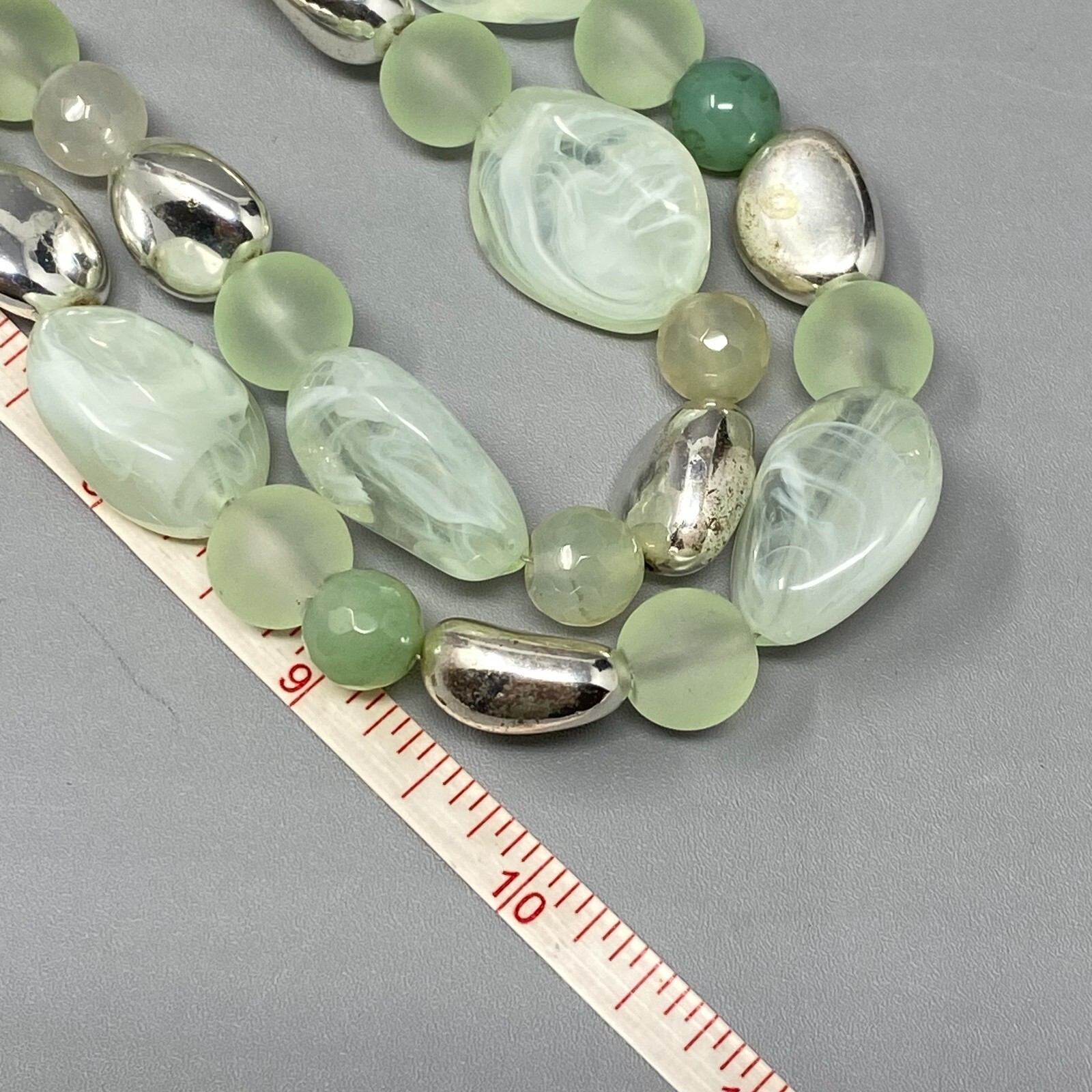 Multi Strand Necklace Green Gemstone Glass Acrylic Beads Frost Swirl Silver Tone