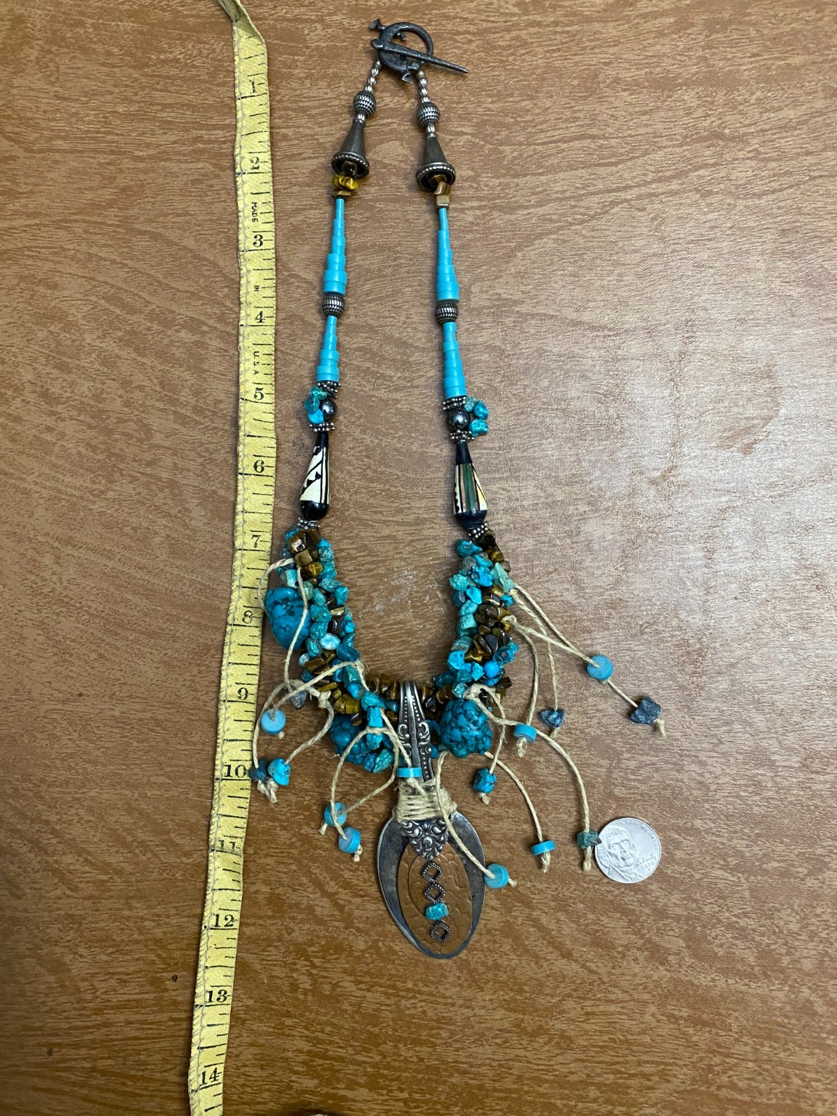 Vintage Boho Statement Silver Southwest Necklace Blue Turquoise 24″ Necklace