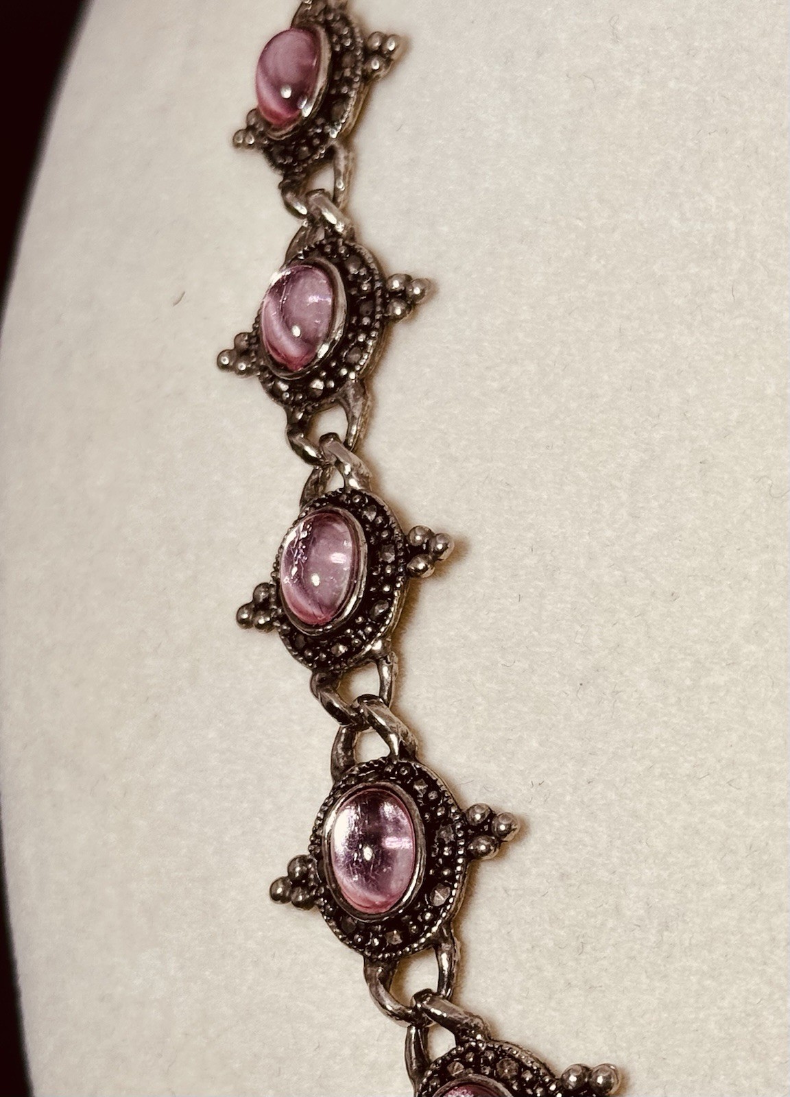 Vintage Silver Beaded & Marcasite Collar Necklace, Bezel Set With Pink Cabochons