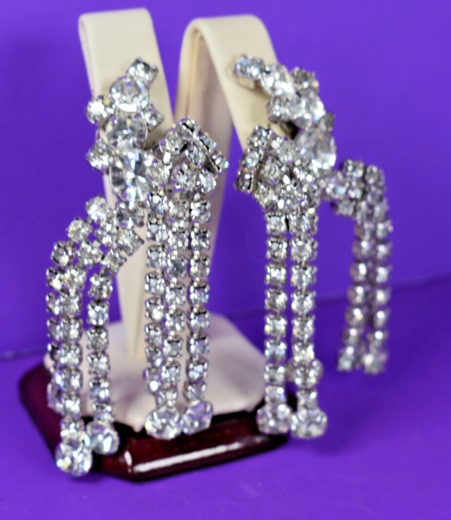 Rare La Roco Quality Designer Chandelier Dangle Rhinestone Clip Earrings 2.9″