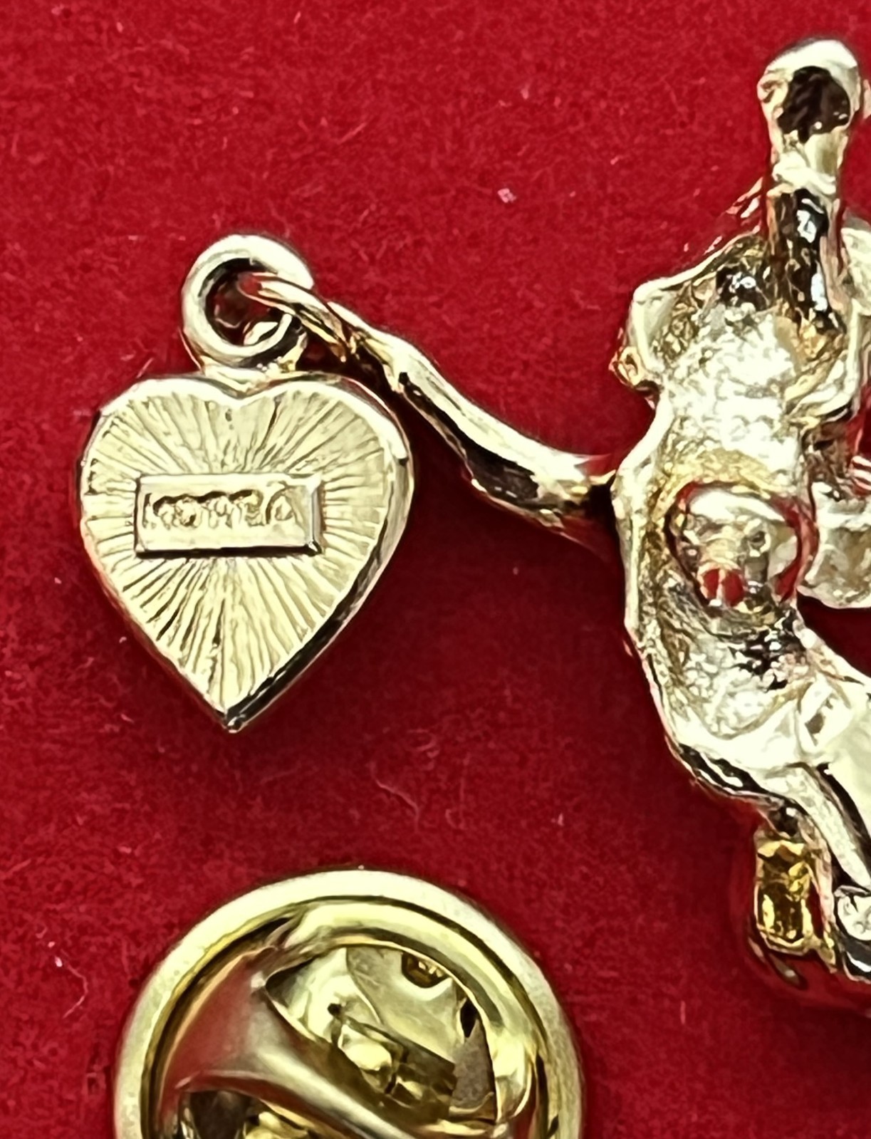 Vintage Shiny Gold-tone Guardian Angel Dangling Red Heart Brooch Pin.