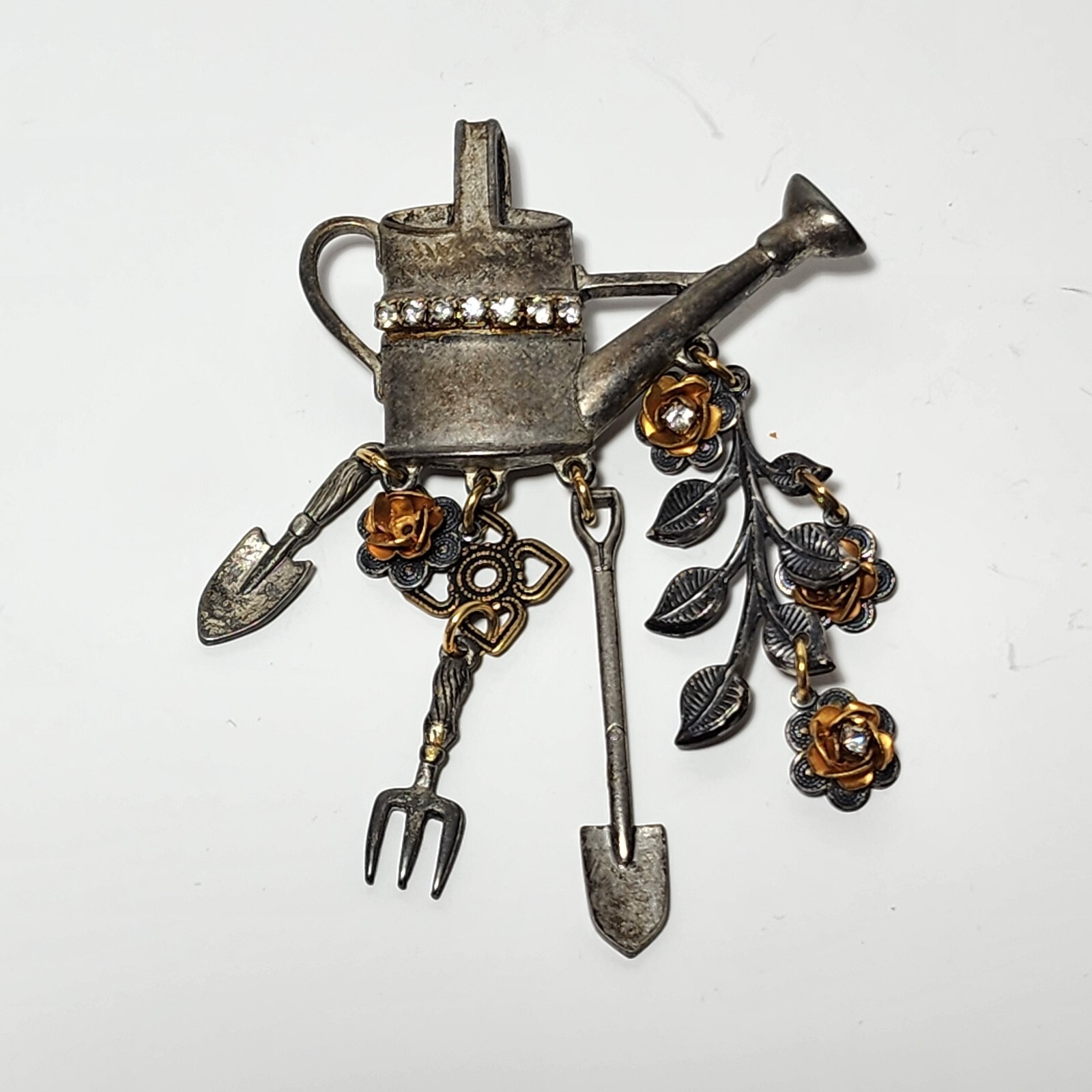 Vintage Jewelry Pewter Metal Garden Brooch Pin w Rhinestones & Gold Flowers