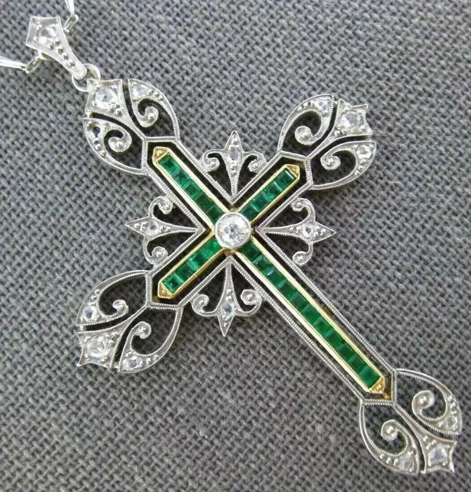 3CT Art Deco Vintage Style Cross Pendant Lab Created Diamond 14k White Gold FN