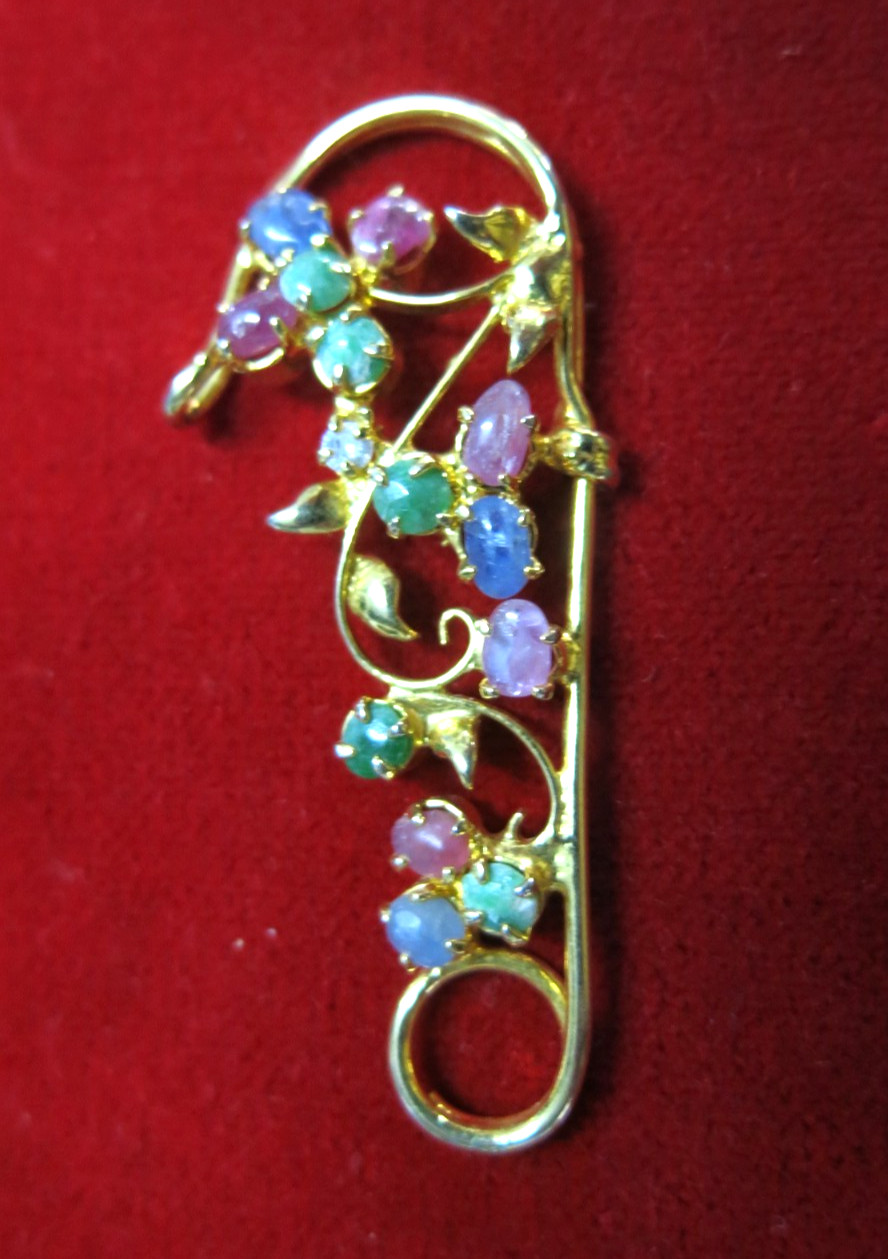 Vintage 22K Gold Plated Flower Pendant with Natural Gem Jade Ruby Cabochons
