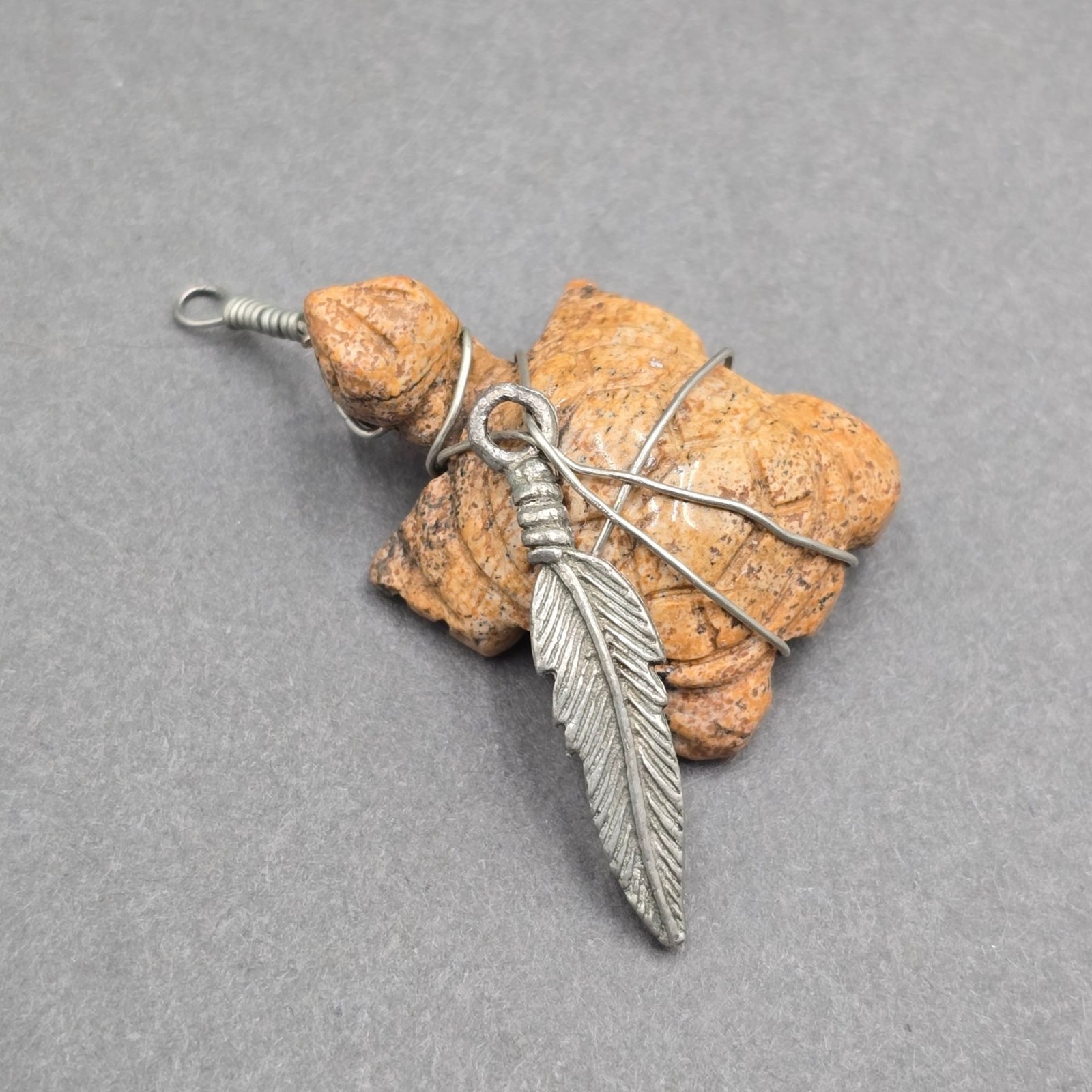 Vintage Hand Carved Jasper Turtle Pendant Wire Wrapped Southwestern Feather