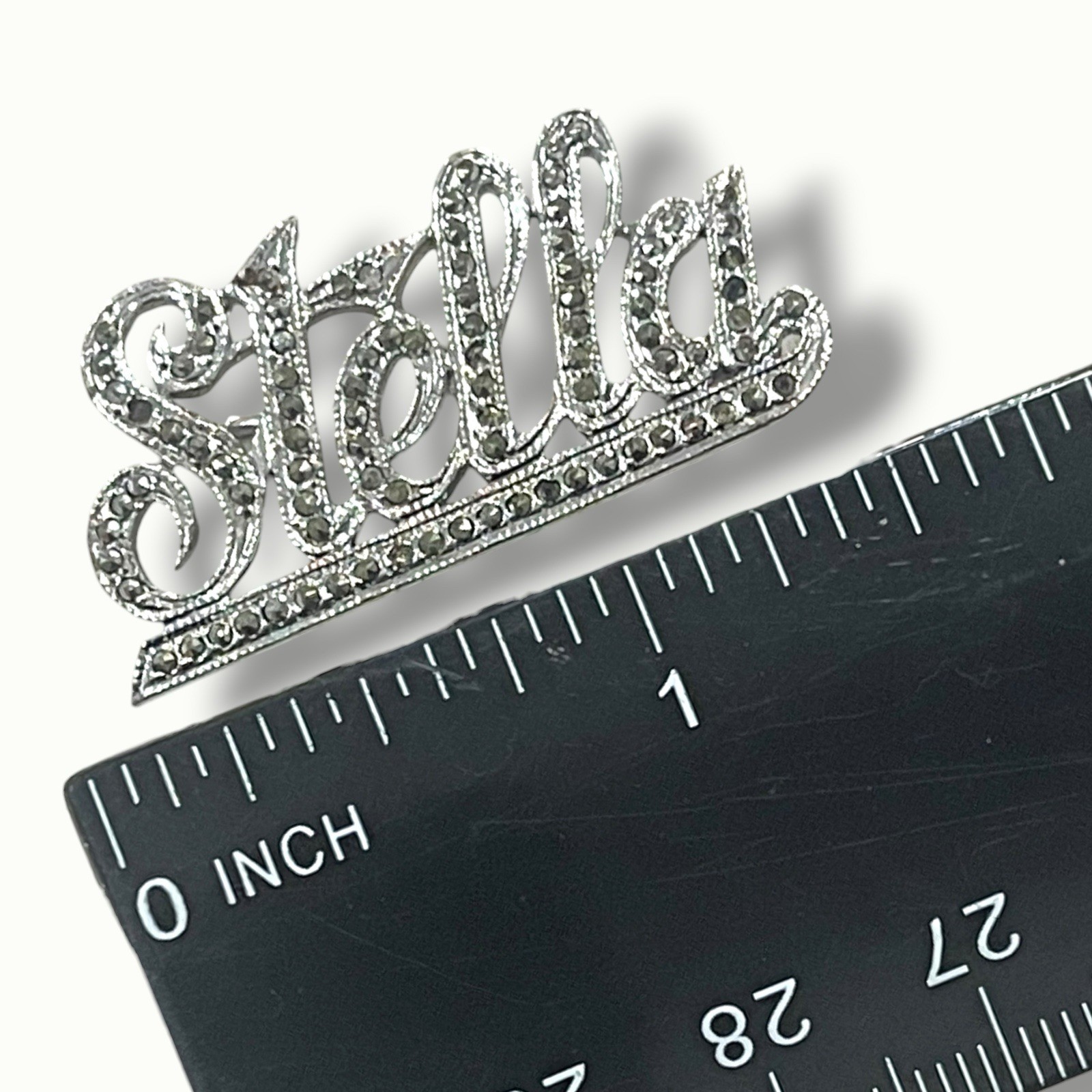 Sterling Silver STELLA Pin Vintage B-K 925 Marcasite Brooch Cursive Writing