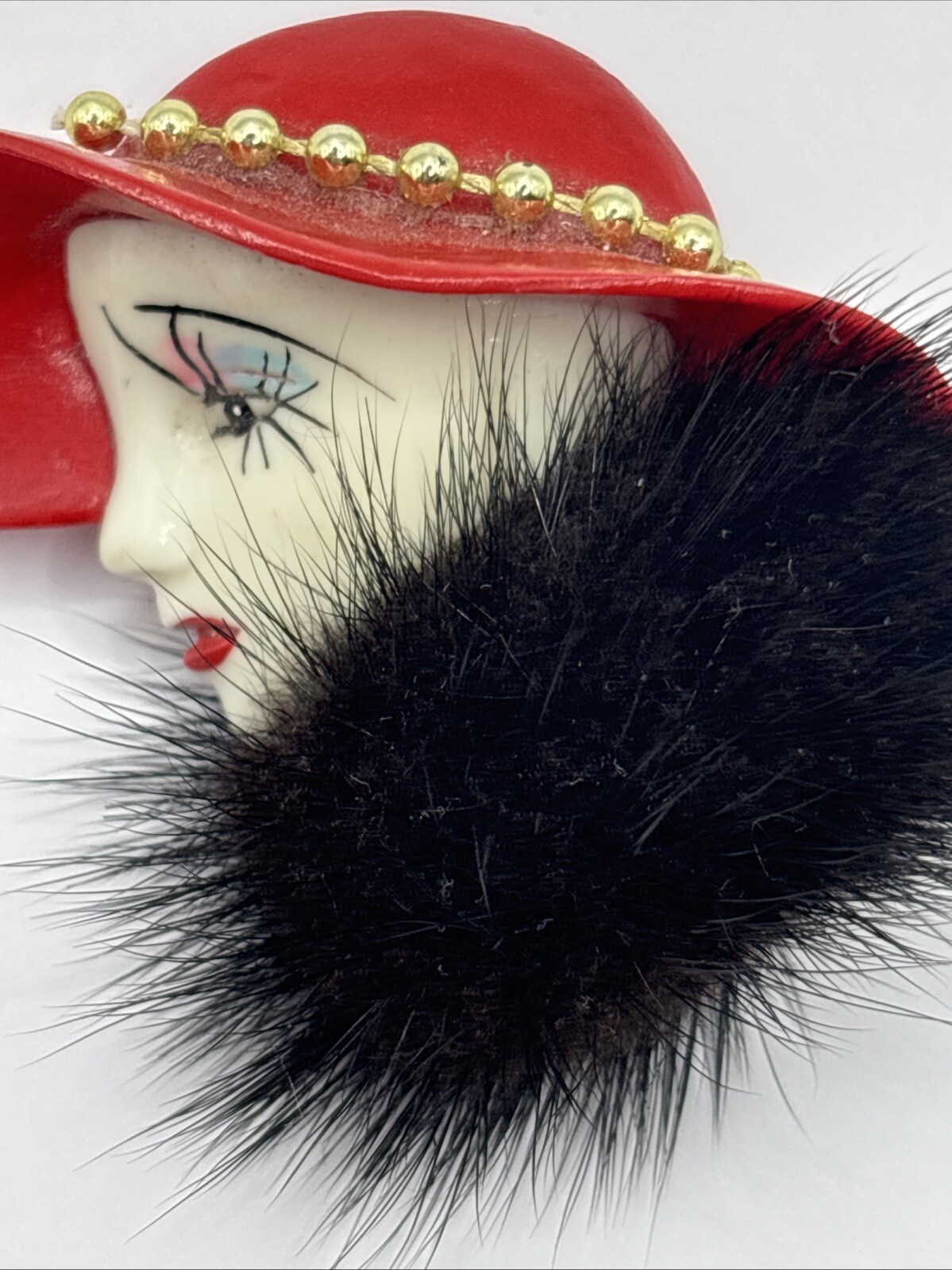 VTG Flapper Pin Brooch Deco Lady Red Gold Hat Fur Collar Hand Ptd Ceramic Gift