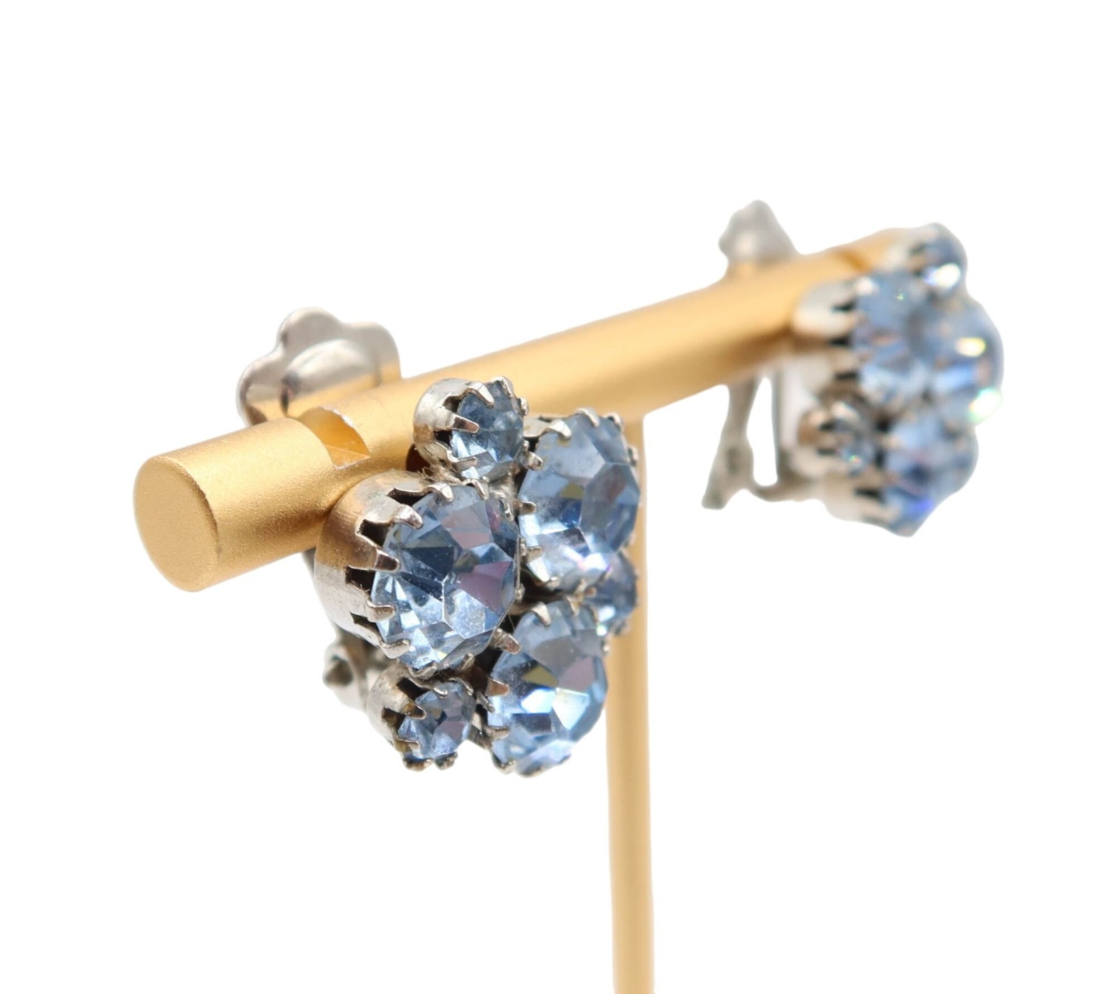 Vintage Blue Rhinestone Cluster Prong Set Clip On Stud Earrings Unsigned Preppy