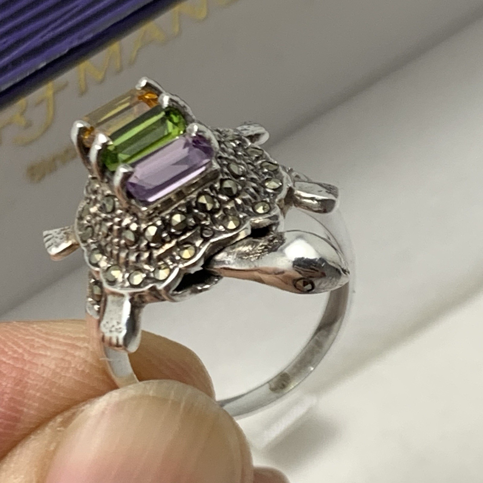 Vtg Turtle Ring w Moving Head 925 Sterling Silver Multi Colored Gem / Marcasite