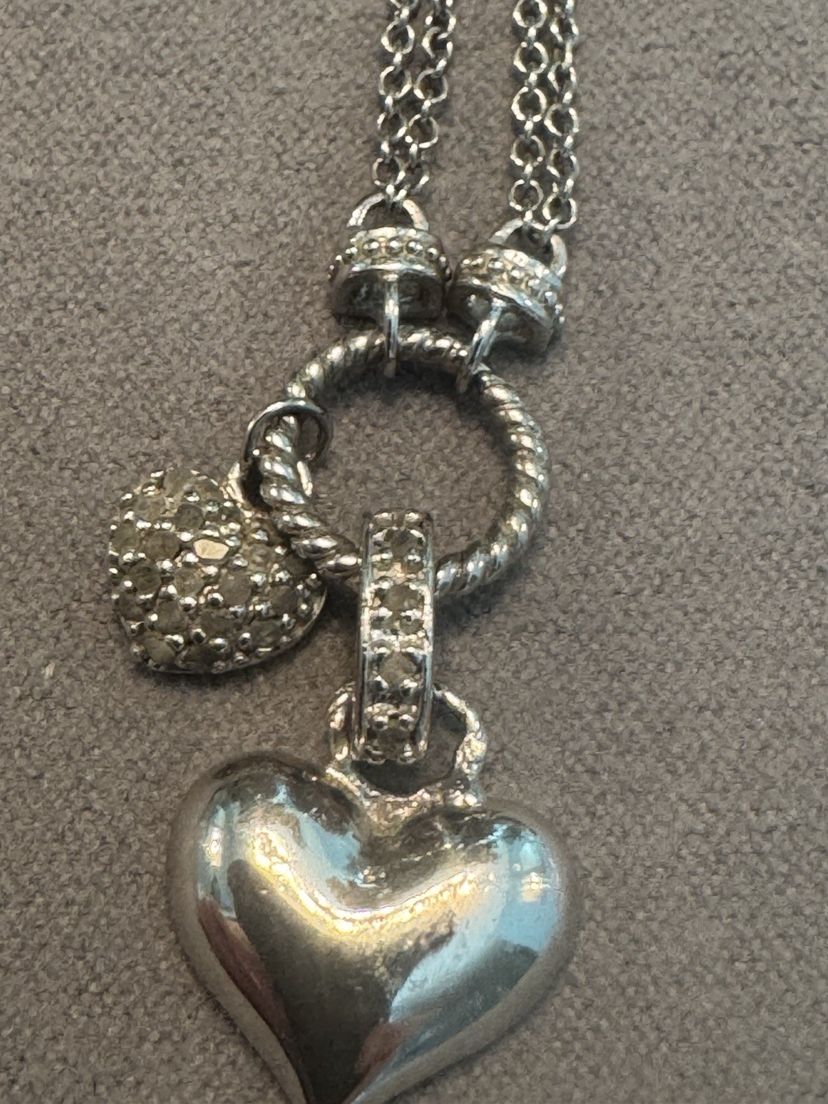 Sterling Silver Diamond Heart Charms & Double Strand Necklace DBJ