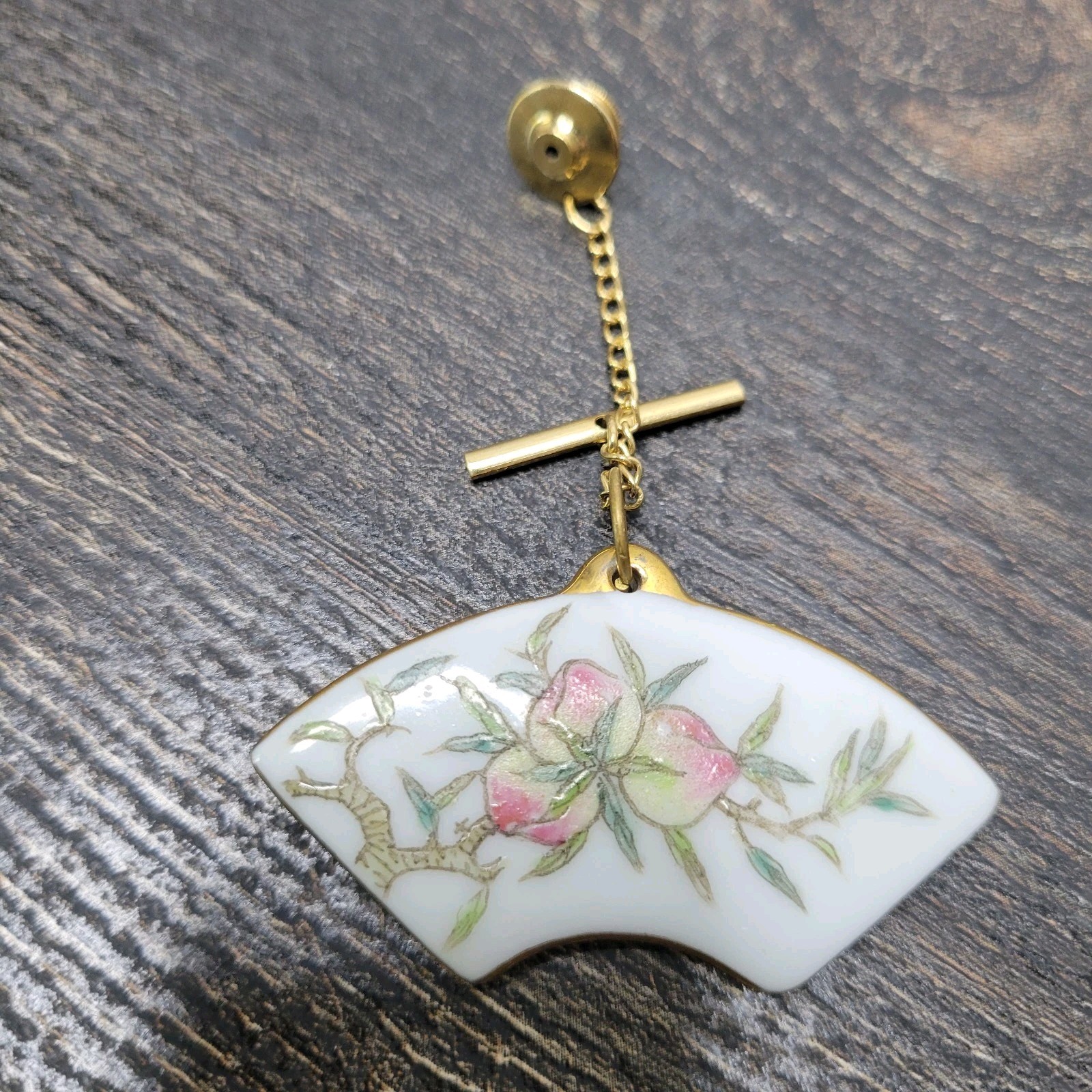 Porcelain Pin Pendant Convertible Japanese Fan Peaches Floral Handpainted VTG