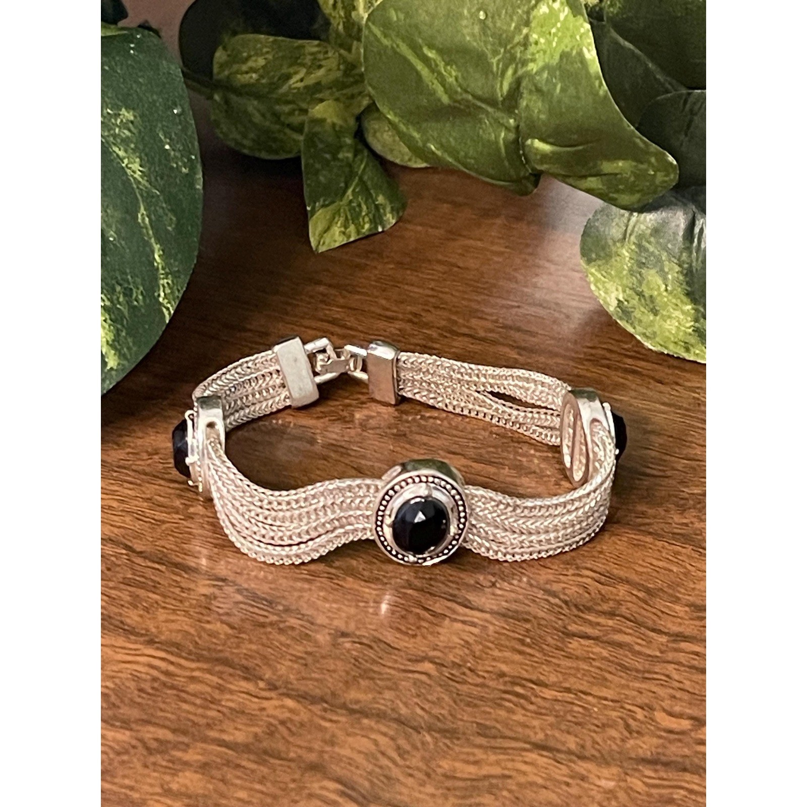 Vintage Silver Tone Bracelet with Black Stones