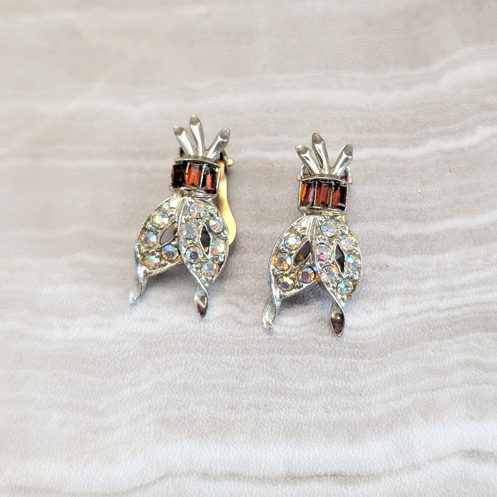 Vintage Clip On Earrings Red & Iridescent Gems Large 1.25″ – Fair Condition